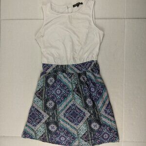 Kathy Ireland Dress with Tie Waist White Top Purple Print Skirt